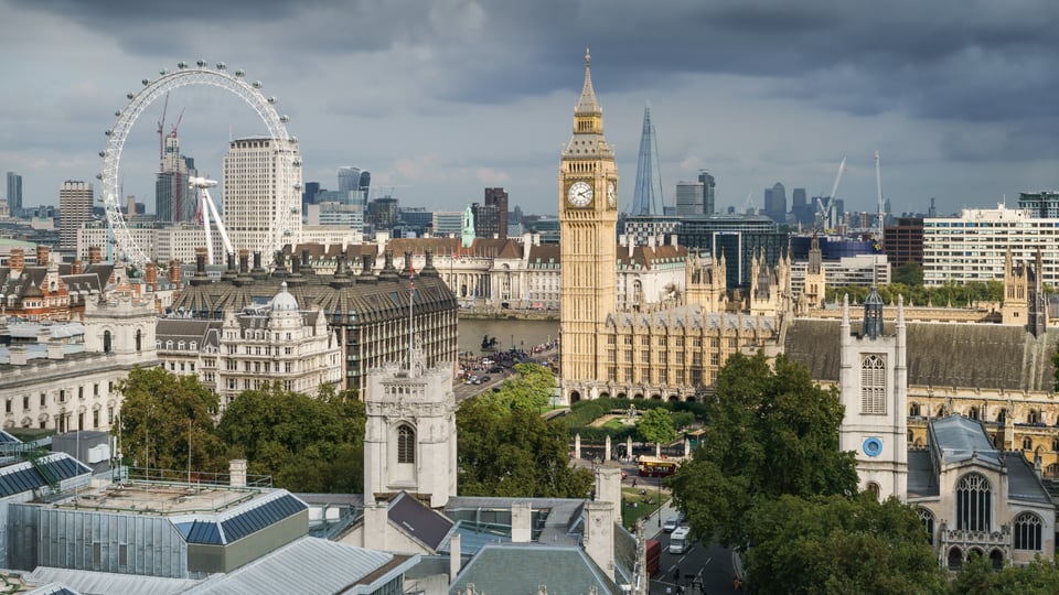 从高处俯瞰 Palace of Westminster 与 Elizabeth Tower，Thames 和 London Eye 位于后方。