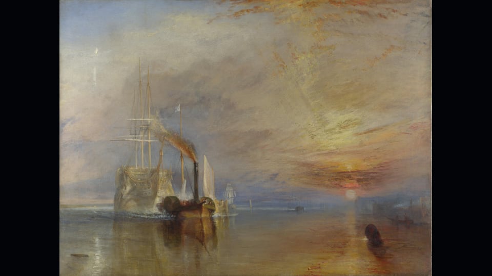 Turner《The Fighting Temeraire》全画：小型黑色拖轮牵着发光的旧战舰驶向右侧落日。